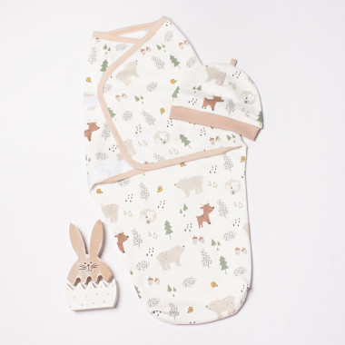 Евро пеленка кокон на липучках с шапочкой Лесные друзья (байка) №51 (0 - 6 мес)
