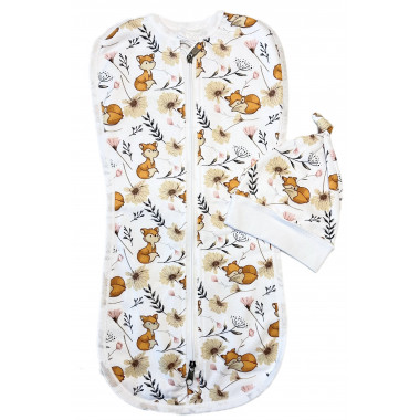 Евро пеленка кокон на молнии с шапочкой Лисички с цветочками (байка с молочным контуром) №39 (0 – 6 мес)