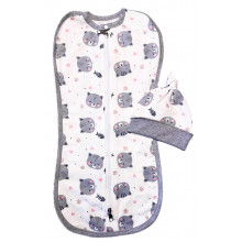 Евро пеленка кокон на молнии с шапочкой Серые котики (байка с серым контуром) №38 (0-6 мес)