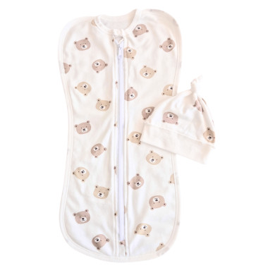 Евро пеленка кокон на молнии с шапочкой Коричневый мишка (байка) №109 (0-6 мес)