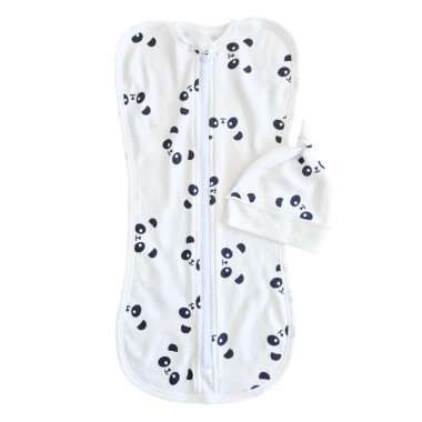 Евро пеленка кокон на молнии с шапочкой Панды белые (интерлок) №108 (0-6 мес)