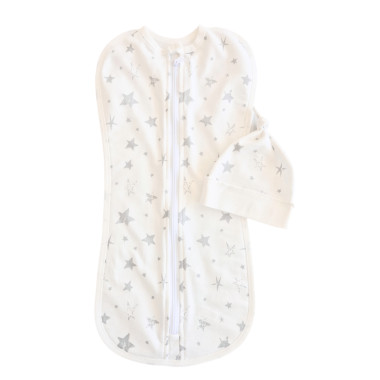Евро пеленка кокон на молнии с шапочкой Серые звездочки (байка) №107 (0-6 мес)