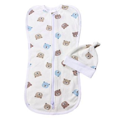 Евро пеленка кокон на молнии с шапочкой Мишки (байка) №70 (0 – 6 мес)