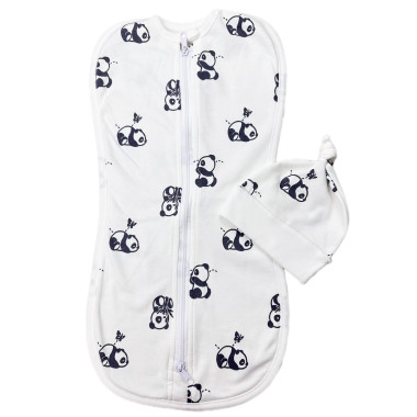 Евро пеленка кокон на молнии с шапочкой Молочный с пандами (байка) №71 (0 – 6 мес)