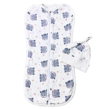 Евро пеленка кокон на молнии с шапочкой Серые котики (байка) №69 (0 – 6 мес)