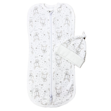 Евро пеленка кокон на молнии с шапочкой Молочный с зайчиками (интерлок) №20 (0-6 мес)