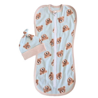 Евро пеленка кокон на молнии с шапочкой Мишка Теди, голубовато-кремовый (интерлок) №87 (0-6 мес)