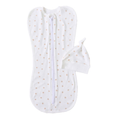 Евро пеленка кокон на молнии с шапочкой Молочный в горошек (интерлок) №97 (0-6 мес)