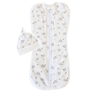 Евро пеленка кокон на молнии с шапочкой Молочный Love You (интерлок) №99 (0-6 мес)