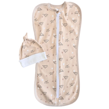 Евро пеленка кокон на молнии с шапочкой Бежевый Love You (интерлок) №100 (0-6 мес)