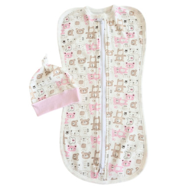 Евро пеленка кокон на молнии с шапочкой Мишка Тедди розовый (байка) №77 (0-6 мес)