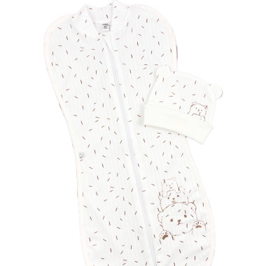 Евро пеленка кокон на молнии с шапочкой Молочные веселые медвежата (интерлок) №86 (0-6 мес)