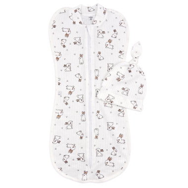 Евро пеленка кокон на молнии с шапочкой Молочный зайчик с сердечками (интерлок) №85 (0-6 мес)