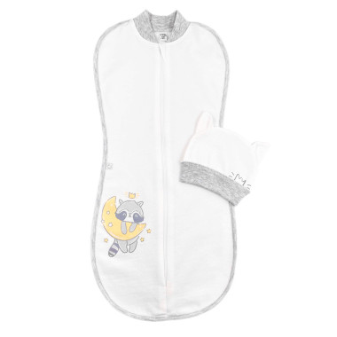 Евро пеленка кокон на молнии с шапочкой Молочный с енотиком (байка) №84 (0-6 мес)