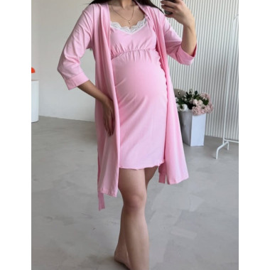Комплект халат и рубашка в родовой Розовый с рюшками M