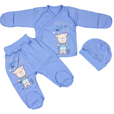 Комплект 3 ед. RoyalBaby Голубой с мишкой (байка) р.56, 0-3 мес