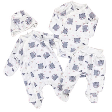 Комплект 4 ед. RoyalBaby Серые котики (байка) р.56, 0-3 мес