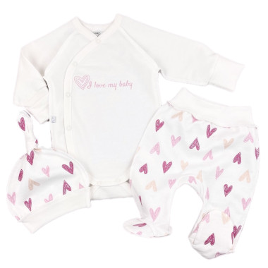 Комплект 3 ед. RoyalBaby Молочный с малиновыми сердечками (байка) р.56, 0-3 мес