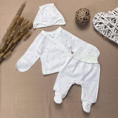 Комплект 3 ед. RoyalBaby Молочный с розовыми сердечками (интерлок) р.56, 0-3 мес