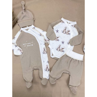 Комплект 4 ед. с человечком RoyalBaby Бежевый с зайчиками (интерлок)р.56, 0-3 мес