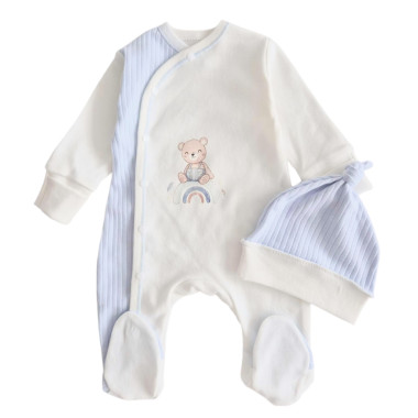 Человечек с шапочкой RoyalBaby Молочно-голубой Мишка с радугой (интерлок) р.62, 0-6 мес 