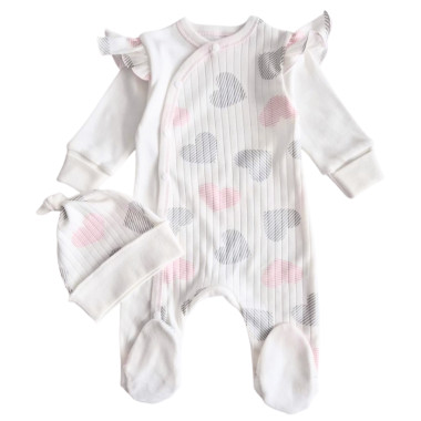 Человечек с шапочкой RoyalBaby Молочный с сердечками (интерлок) р.56, 0-3 мес 