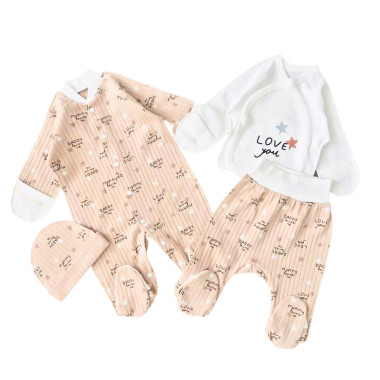 Комплект 4 ед. с человечком Бежевый Love You (интерлок) р.56, 0-3 мес