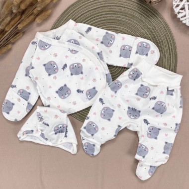 Комплект 3 ед. RoyalBaby Серые котики (байка) р.56, 0-3 мес