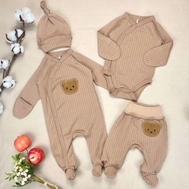 Комплект 4 ед. с человечком RoyalBaby Бежевый с мишкой (интерлок) р.56, 0-3 мес