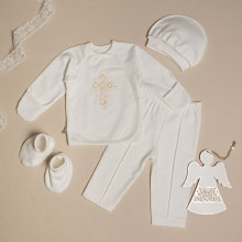 Комплект на крещение 4 ед. Священный Крест Молочный (байка) р.56, 0-3 мес