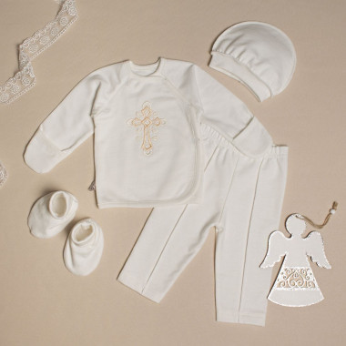 Комплект на крещение 4 ед. Священный Крест Молочный (байка) р.56, 0-3 мес