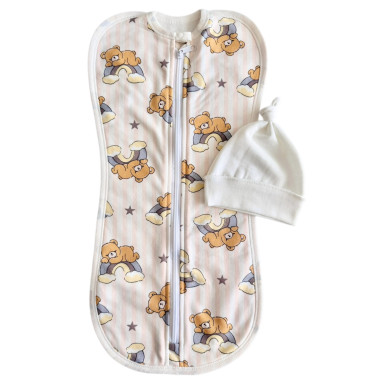 Евро пеленка кокон на молнии с шапочкой Мишка на радуге (байка) №114 (0-3 мес)
