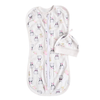 Евро пеленка кокон на молнии с шапочкой Зайчик в розовых очках (байка) №113 (0-6 мес)