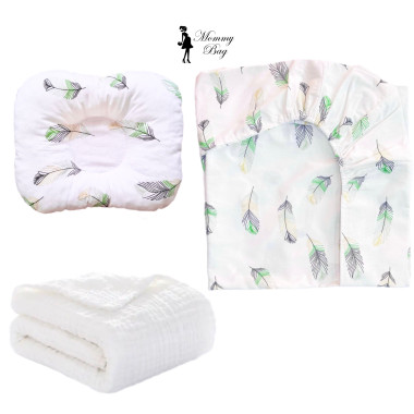 Набор 3в1 в детскую кроватку RoyalBaby №8 Перья зеленые с муслиновым пледом (молочным)