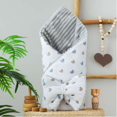 Плед со съемным утеплителем Mommy Bag №14 Сердечки серо-золотые (серый плюш) + бант на выписку
