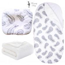 Набор 3в1 в КОЛЯСКЕ RoyalBaby №9 Перья серые с муслиновым пледом Набор 3в1 в КОЛЯСКЕ RoyalBaby №9 Перья серые с муслиновым пледом