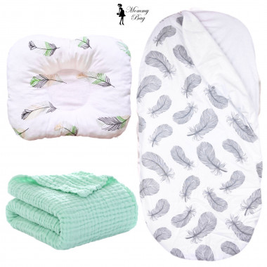 Набор 3в1 в КОЛЯСКЕ RoyalBaby №5 Перья серые и зеленые с муслиновым пледом