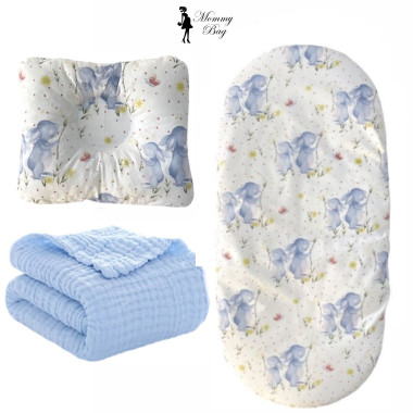 Набор 3в1 в КОЛЯСКУ RoyalBaby №34 Зайки голубые с муслиновым пледом