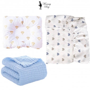 Набор 3в1 в детскую кроватку RoyalBaby №4 Бриллианты и сердечки с муслиновым пледом (голубым)