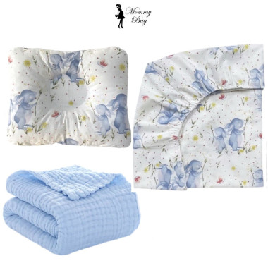 Набор 3в1 в детскую кроватку RoyalBaby №34 Зайки голубые с муслиновым пледом (голубым)