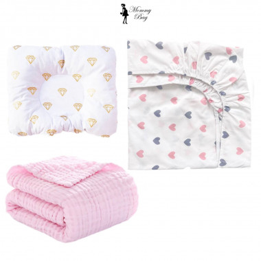 Набор 3в1 в детскую кроватку RoyalBaby №3 Бриллианты и сердечки с муслиновым пледом (розовым)