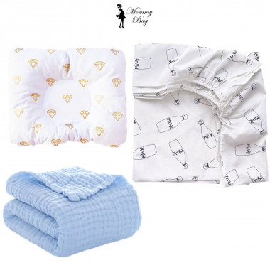 Набор 3в1 в детскую кроватку RoyalBaby №1 Бриллианты и молоко с муслиновым пледом (голубым)