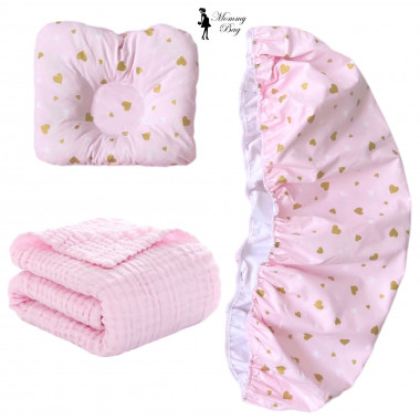 Набор 3в1 в КОЛЯСКУ RoyalBaby №18 Розовый с сердечками (глиттер) с муслиновым пледом