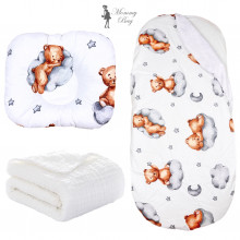 Набор 3в1 в коляску №3 Мишки на облачках с муслиновым пледом Набор 3в1 в коляску №3 Мишки на облачках с муслиновым пледом