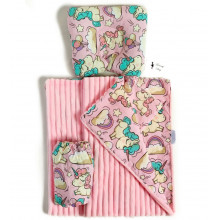 Набор постельного белья 3в1 в круглую/овальную кроватку (простынь, плед, подушка) Единороги №1