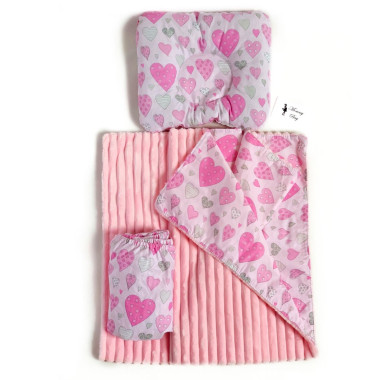 Набор в детскую кроватку 3в1 (простынь, плед, подушка) Розовые сердечки №3