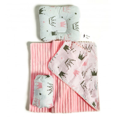 Набор в коляску 3в1 (простынь, плед, подушка) Розовые Короны №6 - NEW