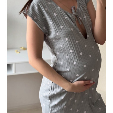 Ночная рубашка для кормления Капля Серая с сердечками L