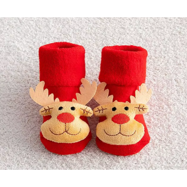 Носочки нарядные 0-12 мес (р.18-21) #26 Красные с оленятами (махровые) (размер стельки 11.5 см)
