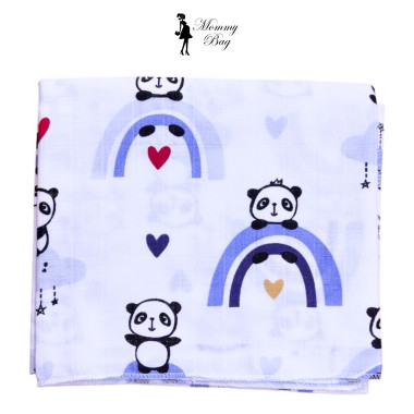Муслиновая пеленка 100х80 см Панды с голубой радугой #32